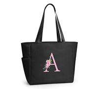 KALIDI Grand sac fourre-tout personnalisé avec fermeture éclair, initiale de A-Z monogrammé, cadeau pour femme, demoiselle d'honneur, maman, enseignante, amie, mariage, shopping quotidien, Noir-a