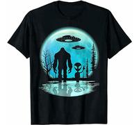 KALIKADUO Alien and Bigfoot Moon Unisex 100% Cotton Short-Sleeve T-Shirts Black S