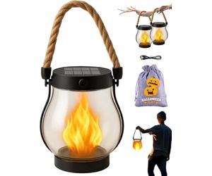 Kaliqo Lanterne solaire d'extérieur avec flamme dansante, lampe solaire étanche à flamme vacillante pour jardin, terrasse, camping, lanterne solaire décorative à suspendre avec corde de chanvre (1