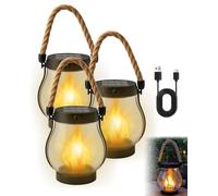 Kaliqo Lanterne solaire d'extérieur étanche, lanterne solaire à flamme dansante, lanternes d'extérieur Kaligo en corde de chanvre à suspendre pour décorations de jardin, cour, double modes de charge