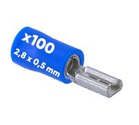 Kalitec FHB285 Lot de 100 cosses plates bleues 2,8 x 0,5 I 1,5-2,5 mm² Connecteur de câble I Partiellement isolé I Laiton I Pour voiture et industrie