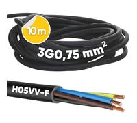 Kalitec H05VV-F - Câbl d'alimentation 3 x 0,75 mm² - 10 m - Avec conducteur de protection - Câble en PVC noir pour l'intérieur - Câble électrique de lampe