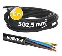 Kalitec H05VV-F - Câble d'Alimentation 3 x 2,5 mm² - 10 m - Avec Conducteur de Protection - PVC Pour l'Intérieur - Noir - Flexible Pour Lampe et Appareil 3 Fils