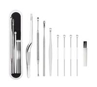 KALLORY 8pièces Kit de Oreille Acier Inoxydable Ergonomiques avec Embouts Ronds Antidérapants pour Nettoyage et Massage du Cérumen Outils Pratiques et Sécurisés pour Adultes Argent Boîte