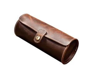 KALLORY Boîte à Montres en Cuir Véritable de Style Vintage Chic, Étui Rond Fermeture à Boucle, Protège et Expose 3 Montres, pour Rangement et Voyage