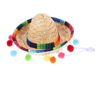 KALLORY Petit Sombrero en Paille, Chapeau Tissé Mexicain avec Pompon, Taille 41, Polyester, Sangle de Menton Réglable, Décoration Maison, Fête Carnaval
