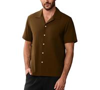 Kallspin Chemises Hommes en Coton et Lin à Col Cuban Manches Courtes Chemise à Boutons Versables Haut Casual d'Été de Vacances avec Poche (Marron Large