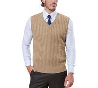 Kallspin Homme Gilet Pull col en V en Laine mélangée sans Manches tricoté (Kaki, XXL)