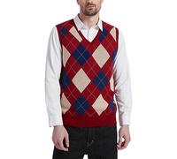Kallspin Hommes Pull sans Manches Argyle Laine mélangée Gilets tricotés Pull à col en V Gilet Pullover(Bourgogne, Small)