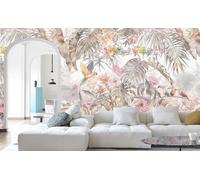 Kalodity 3D Papier Peint Panoramique Jungle Soie Tropicale, 430 X 300 cm Rose Plantes Fleur, Feuille, Oiseau Perroquet Grandes Murales Poster pour Salon, Adulte Chambre d'enfants, Étude Décoration