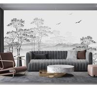 Kalodity Papier Peint Panoramique 3D Soie Noir et Blanc Nature Foret, 500 X 280 cm Murales Panoramique Arbres Montagne Oiseaux Minimal pour Salon, Adulte Chambre d'enfants, Restaurant Décoration