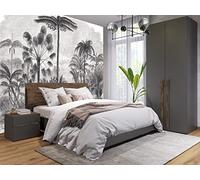 Kalodity Papier Peint Panoramique Foret Soie, 200 * 140 Papier Peint 3D Esquisser Tropical Jungle Noir et Blanc Cocotier, Décoration Parfaite pour Chambre, Salon, Enfant Grande Poster Mural