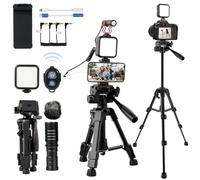 Kalofaye Kit de vlogging pour iPhone, Android, appareil photo, compatible avec YouTube Kit de démarrage avec lumière LED rechargeable + microphone + clip de téléphone + trépied en aluminium pour