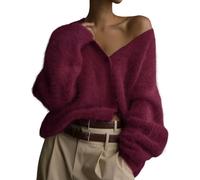 KaloKLU Cardigan en tricot pour femme - Moelleux - Col en V - Manches longues - Boutonnière - Décontracté - Fourrure - Pull en tricot 2025, rouge bordeaux, M