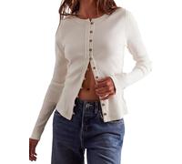 KaloKLU Cardigan pour femme avec boutonnière, col rond, manches longues, côtelé, haut moulant, Blanc., L
