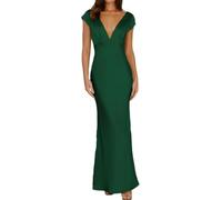 KaloKLU Robe d'été en satin, avec col en V et manches courtes, pour femme, décolleté dans le dos, longueur maxi, robe élégante avec design torsadé et découpé, idéale comme tenue d'invité de mariage