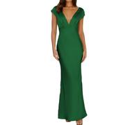 KaloKLU Robe d'été en satin, avec col en V et manches courtes, pour femme, décolleté dans le dos, longueur maxi, robe élégante avec design torsadé et découpé, idéale comme tenue d'invité de mariage
