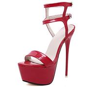 KaloKLU Sandales d'été sexy pour femme - Bout ouvert - 16 cm - Talons hauts - Robe de fête de mariage - Chaussures pour femme, Rouge, 37 EU