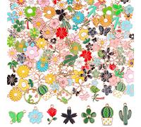 Kalolary 140 Pièces 70 Styles Charmes Fleurs Printemps Fabrication Bijoux | Pendentif Thème Fleurs Tournesol Marguerite Bijoux Charme Assortiment Émail Plaqué Boucles d'Oreilles Collier Bracelet