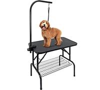 Kalolary 32inch Table de Toilettage Pliante, Table de Toilettage Ajustable pour Chien Chat, Table de beauté pour Animaux de Compagnie avec Bras à Hauteur réglable, Boucle et Plateau en Filet(Noir)