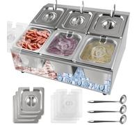 Kalolary 6 Casseroles Récipients pour Garnitures à Pizza, 2 Rangées Acier Inoxydable avec Couvercles Cuillères Support Incliné Comptoir Ensemble Récipients Buffet Fruits Ingrédients Cuisine Restaurant