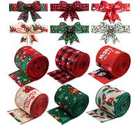 Kalolary 6 Rouleaux Rubans Noël Buffalo Plaid Ruban | Câblé Toile Jute Arbre Noël Flocon Neige Plaid Orignal Bonhommes Neige Baies Rouges Rubans Bord Câblés Fourniture