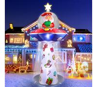 Kalolary 8 Pieds Noël Gonflable, Le Père Noël Livre des Cadeaux sur Un UFO Décorations Gonflables de Noël pour Exterieur Pelouse Cour Jardin Décorations de Noël, EBANKU-LD165
