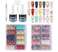 Kalolary Kit Nail Art Foil de Noël - 20 Feuilles Foil + Colle à Foil + Stylo Presse + Ciseaux - Décoration Ongles avec Flocons, Père Noël, Rennes pour Manucure DIY ou Salon