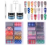Kalolary Kit Nail Art Foil - Gel Colle à Ongles, Feuilles Foil Holographiques, Stylo Presse, Ciseaux - Décoration Ongles Effet Laser pour Manucure DIY (20P + Colle pour papier aluminium à carreaux)