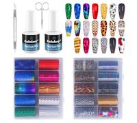 Kalolary Kit Nail Art Foil - Gel Colle à Ongles, Feuilles Foil Holographiques, Stylo Presse, Ciseaux - Décoration Ongles Effet Laser pour Manucure DIY (20P + Colle pour feuille métallisée léopard)