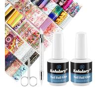 Kalolary Kit Nail Art Foil - Gel Colle à Ongles, Feuilles Foil Holographiques, Stylo Presse, Ciseaux - Décoration Ongles Effet Laser pour Manucure DIY ou Salon (80P + colle de foile)