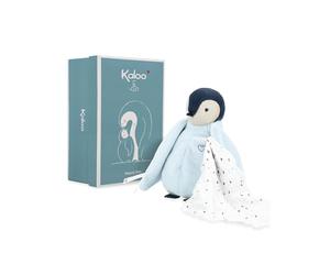 KALOO, Complices, Peluche Manchot Bleu avec Mouchoir à Bisous | Mouchoir en Mousseline de Coton pour l'Odeur des Parents, Corps Doux à Câliner, Boîte Cadeau Personnalisable, Ailes à Nouer