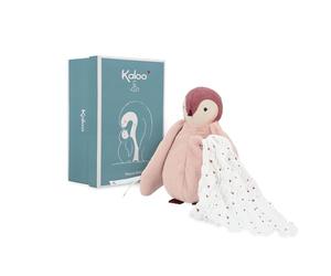 KALOO, Complices, Peluche Manchot Rose avec Mouchoir à Bisous | Mouchoir en Mousseline de Coton pour l'Odeur des Parents, Corps Doux à Câliner, Boîte Cadeau Personnalisable, Ailes à Nouer