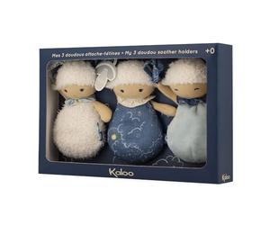KALOO - Doux Sommeil - 3 Doudous Attache-Tétines - 3 Petits Doudous Moutons - Attache-Sucettes pour Bébé - 15 cm - Bleu et Blanc - Dès la Naissance, K221001
