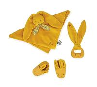 Kaloo, Lapinoo, Coffret Cadeau Naissance Lapin Ocre, 3 Pièces | Dès la Naissance, Doudou, Anneau de Dentition en Silicone et Chaussons 0-6 Mois, Velours Côtelé, Boîte Cadeau