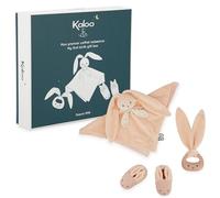 KALOO - Lapinoo - Coffret de Naissance - Couleur Peche - 3 Accessoires Bébé - Doudou + Anneau de Dentition Bébé + Chaussons 11 cm - Dès la Naissance, K218020