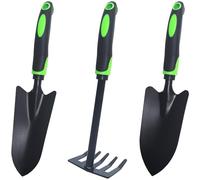 KalooKipos Lot de 3 outils de jardinage robustes comprenant une pelle, une truelle de transplantation et un râteau à main, idéal pour creuser, désherber et planter