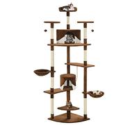 Kaloriko Arbre à chat avec griffoir en sisal recouvert de peluche, 203 cm de haut, marron et blanc, avec deux maisons, jouets, paniers, plateformes pour escalade, jeu, entretien des griffes et espace