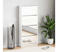 Kaloriko Armoire à chaussures avec miroir, blanc brillant, en bois 63 x 17 x 134 cm, compartiments inclinables, 4 compartiments, peu encombrant, pour couloir, entrée, ordre et rangement des chaussures