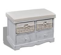 Kaloriko Banc avec espace de rangement, blanc, bois de paulownia, 62 x 33 x 42 cm, avec rembourrage et 4 compartiments, rangement pratique pour couloir, chambre à coucher, salon, peu encombrant et