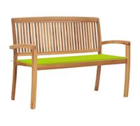 Kaloriko Banc de jardin empilable en teck massif avec coussin vert clair de 128,5 cm de large, résistant aux intempéries et stable pour terrasse, balcon, extérieur, avec accoudoirs et dossier pour une