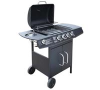Kaloriko Barbecue à gaz 4 + 1 brûleurs noirs avec brûleurs principaux et latéraux en acier inoxydable, grille de cuisson de 48,5 x 37,5 cm, bac de récupération de graisse amovible, roulettes stables