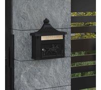 Kaloriko Boîte aux Lettres Murale Noire Vintage en Aluminium coulé 40,5 x 16 x 45 cm, verrouillable avec clés, Fente sécurisée, Toit de Pluie pour extérieur Jardin Maison