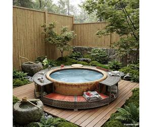 Kaloriko Bordure de spa en rotin synthétique gris avec espace de rangement intégré, cadre en acier revêtu par pulvérisation, bois dur d'eucalyptus tropical, convient pour piscine et spa, convient pour