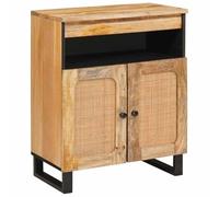 Kaloriko Buffet en bois massif de mangue marron 60 x 33 x 75 cm avec espace de rangement, 2 portes à charnières, design moderne, pieds métalliques stables, polyvalent pour salon, bureau, chambre à
