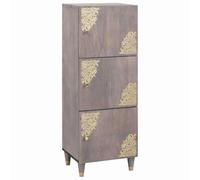 Kaloriko Buffet haut gris et doré en bois de manguier massif 40 x 33 x 110 cm avec étagère, porte et boutons en laiton, buffet moderne pour salon, bureau, chambre à coucher avec espace de rangement et