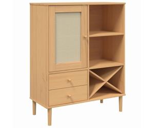Kaloriko Buffet SENJA Aspect rotin Marron en Bois Massif de pin 90x40x112 cm avec tiroirs Porte et Grande capacité de Rangement pour Salon Salle à Manger Cuisine décoration