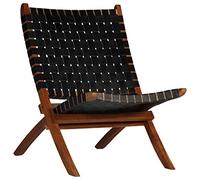 Kaloriko Chaise de relaxation pliable en cuir véritable noir avec bandes croisées, structure en bois d'acacia massif, 59 x 72 x 79 cm, siège pliable confortable pour jardin, balcon, salon et