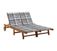 Kaloriko Chaise Longue de Jardin 2 Places en Bois d’Acacia Solide avec Coussins Gris, Dossier inclinable, roulettes, pour terrasse Balcon Piscine Jardin détente Confort Sieste
