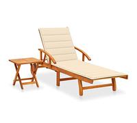 Kaloriko Chaise Longue de Jardin en Bois d'acacia avec Coussin crème, Table Pliable, roulettes, Dossier inclinable, transat Confortable pour terrasse, Piscine, Balcon et détente en extérieur